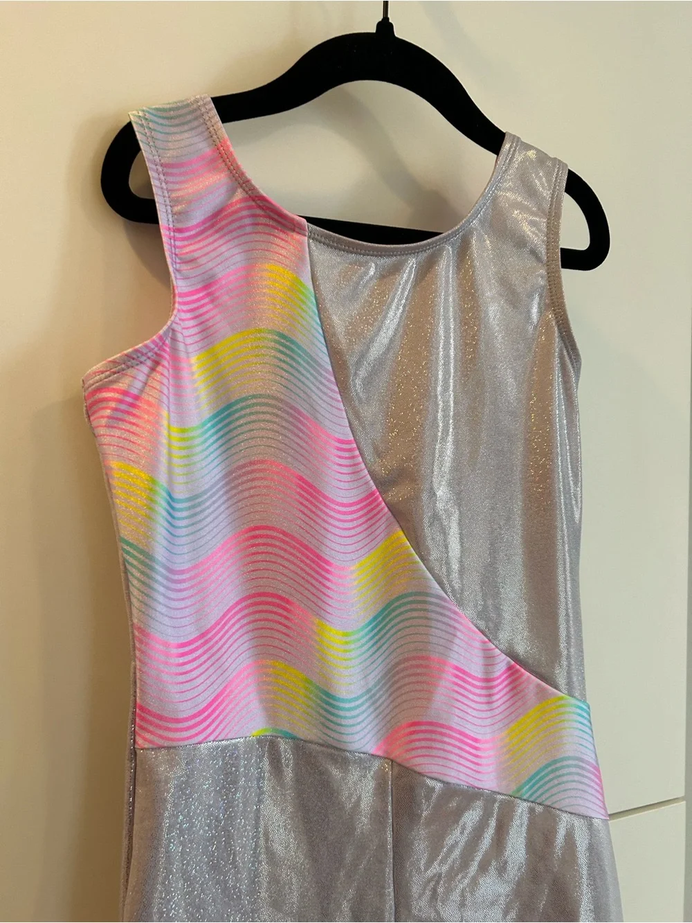 Capezio Wave Silver Sparkle Leotard with Pastel Rainbow Accents - Child’s Large